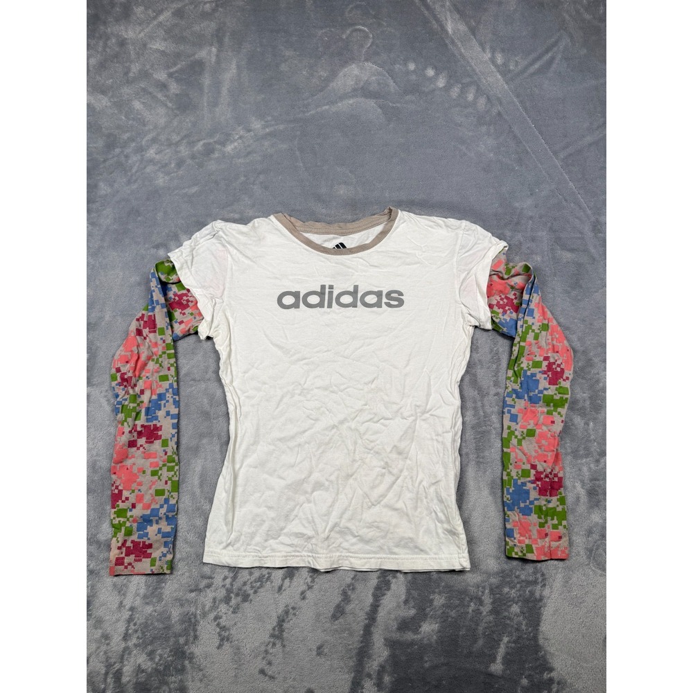 Adidas Shirt Womens Small White Spellout Logo Long Sleeve Crewneck Pullover